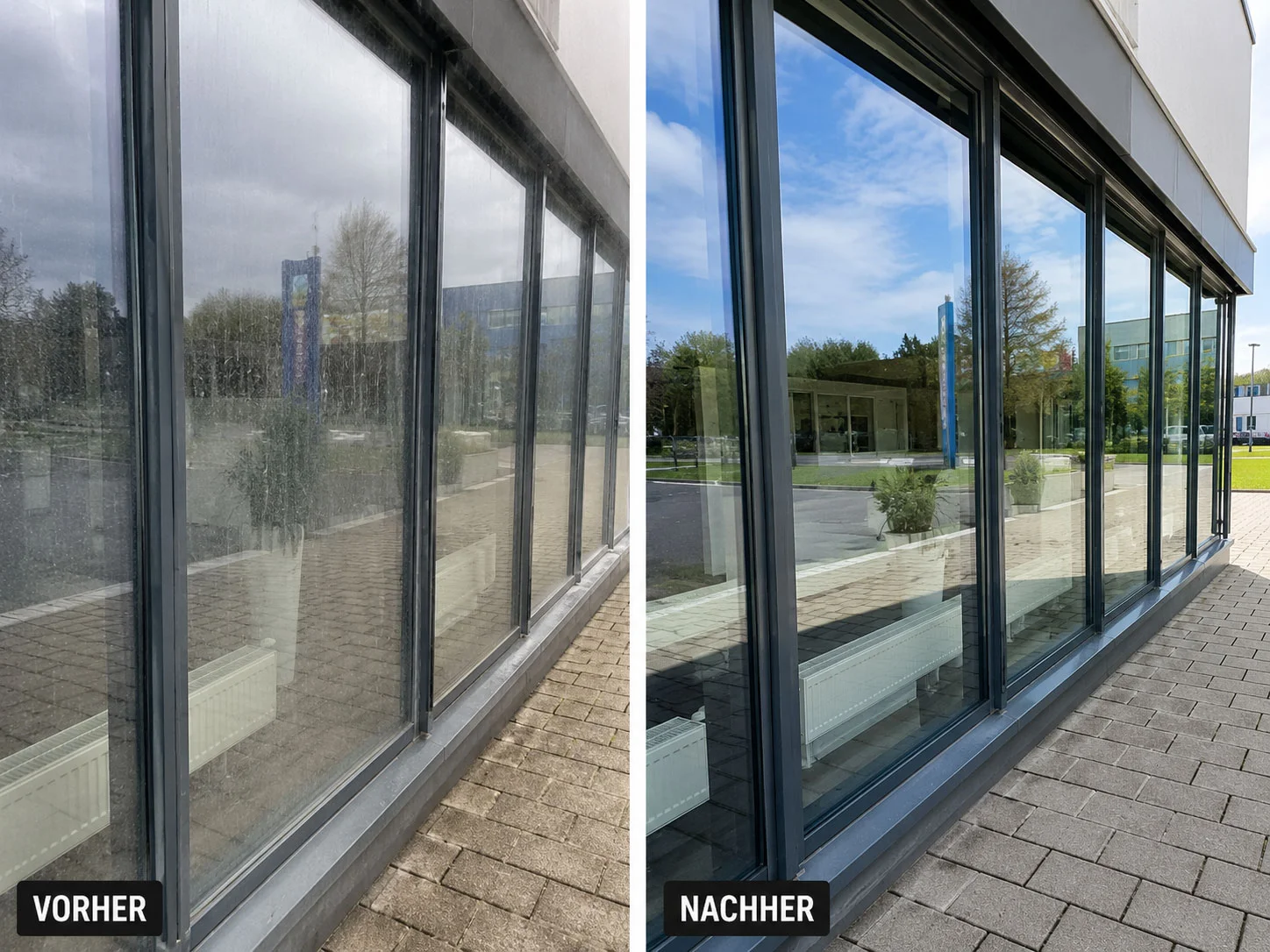Glasfassade eines Gewerbeobjekts vor und nach der Fensterreinigung durch NOBA