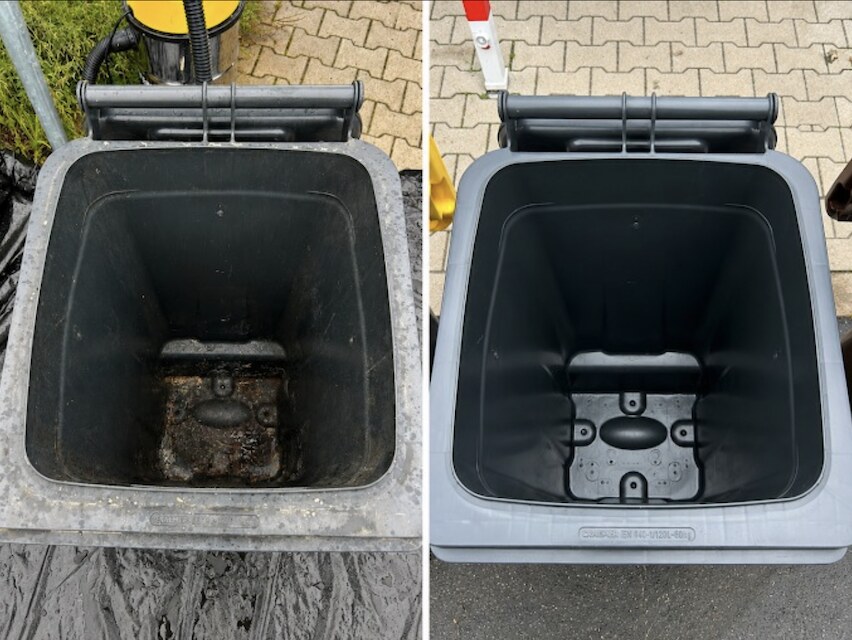 Verschmutzter Mülltonnenplatz vor der Reinigung